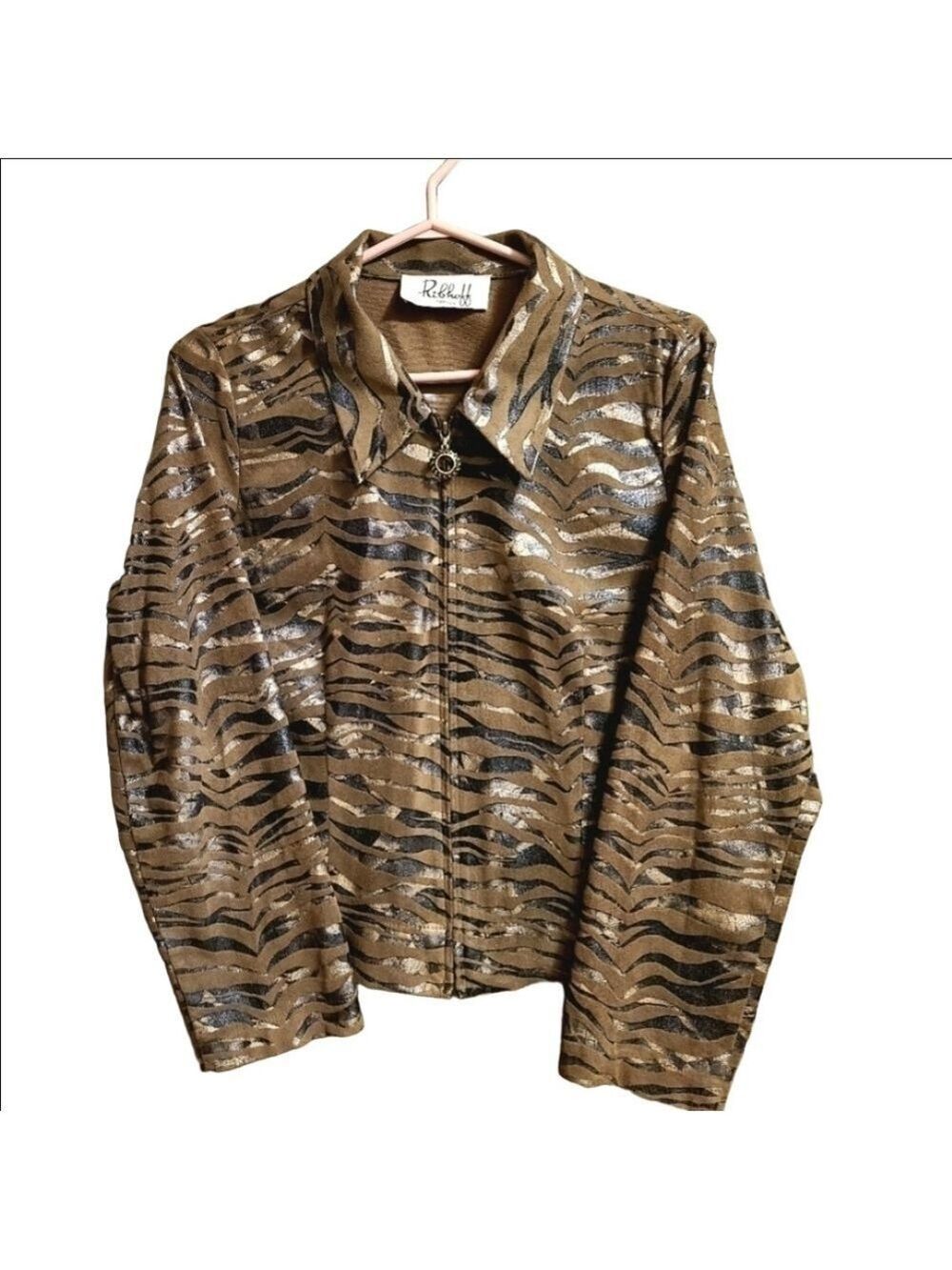 Ribkoff Y2K Animal Print Moto Bomber Jacket Faux Suede Full Zip-Up Black Brown